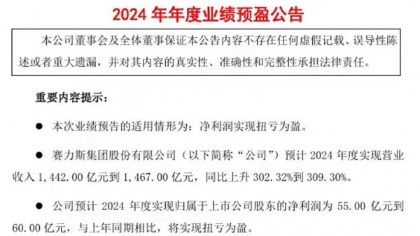 赛力斯2024年净利润转正 预计净利润达60亿 会有更多增程车推出